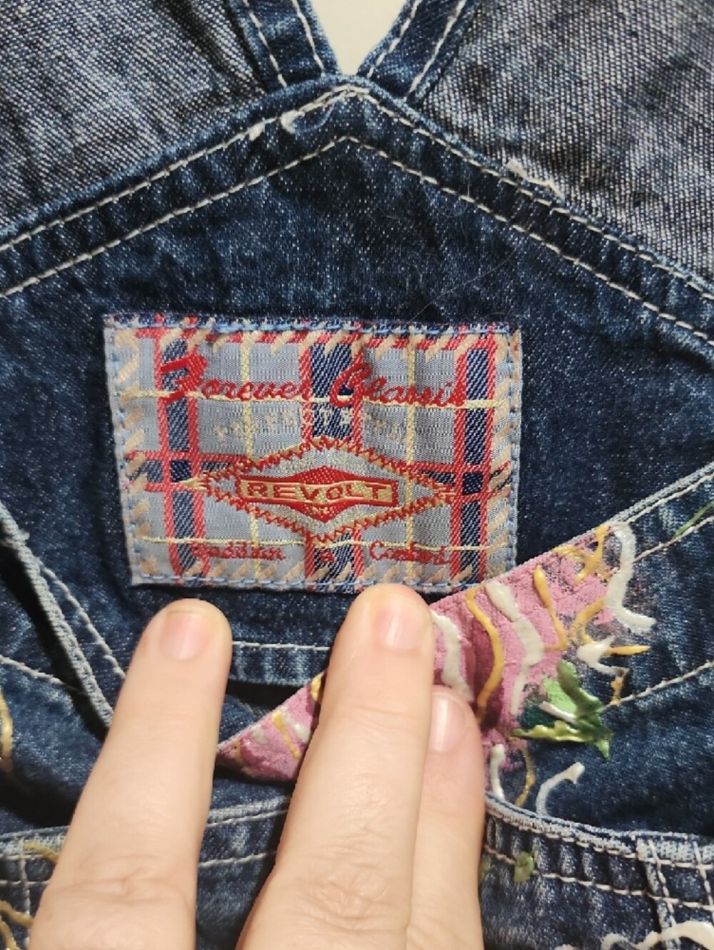 Vintage Revolt Denim Overalls – Hand Painted Floral Wide Leg Boho Y2K Size 16 - Picture 4 of 6
